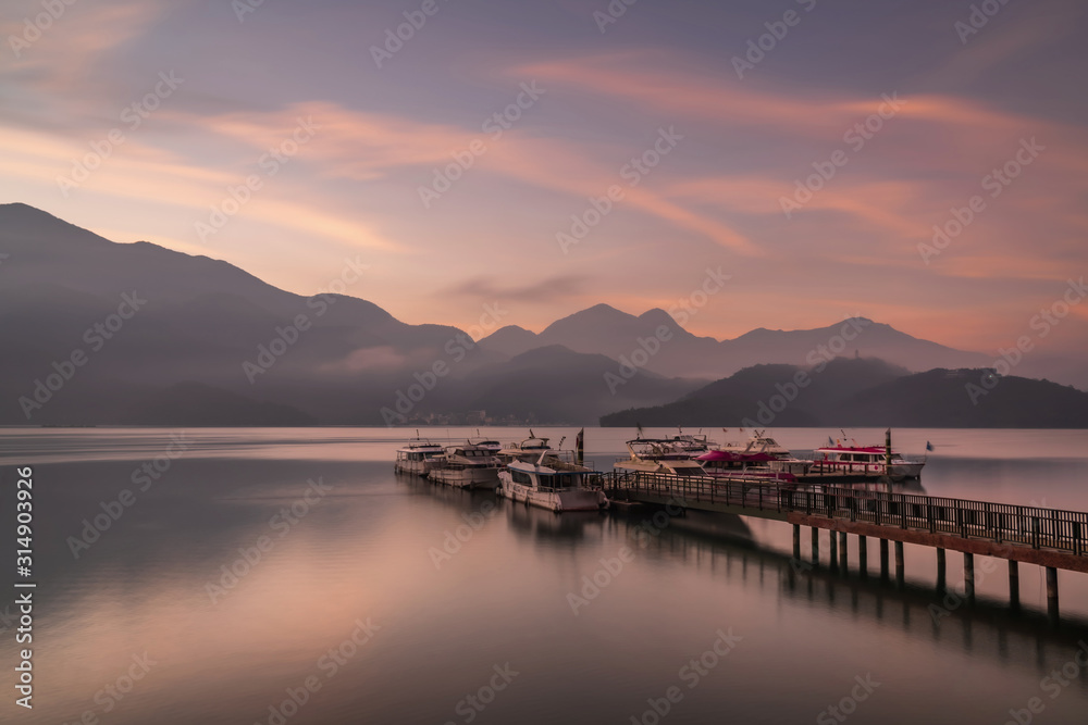 Beautiful sunrise landscape at sun moon lake in nantou, Taiwan