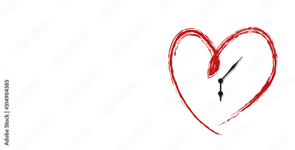 Red heart on a white background. At the heart of the clock hands. Time is running out.