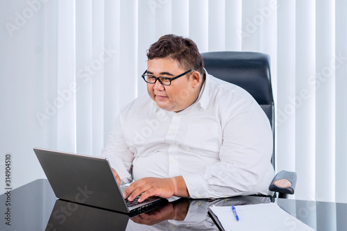 Fat businessman with glasses working at his laptop photo