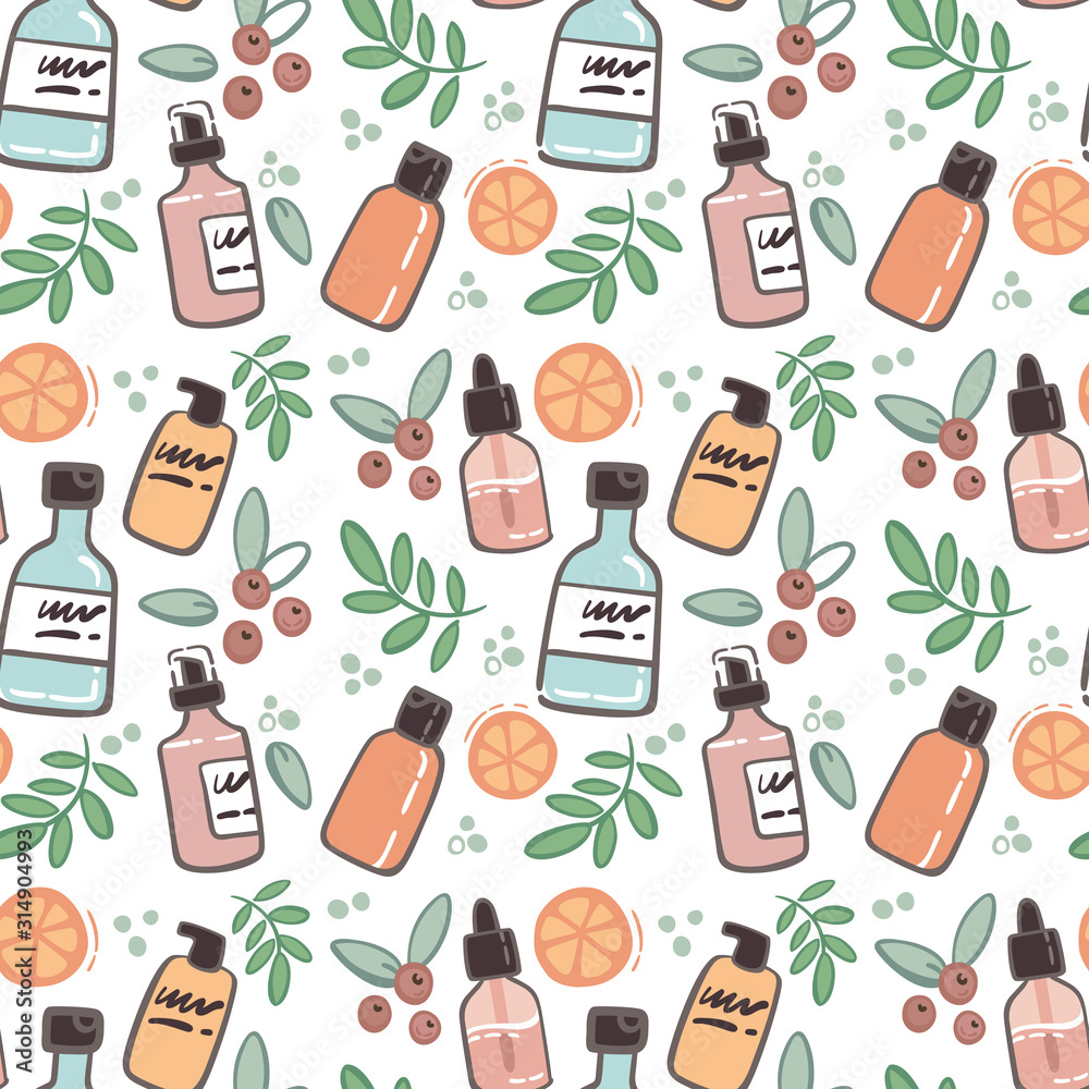 Seamless pattern in flat style with cosmetics packaging and plant element- orange, berries and herbal. Seamless pattern in flat style with cosmetics packaging and plant element- orange, berries and herbal.