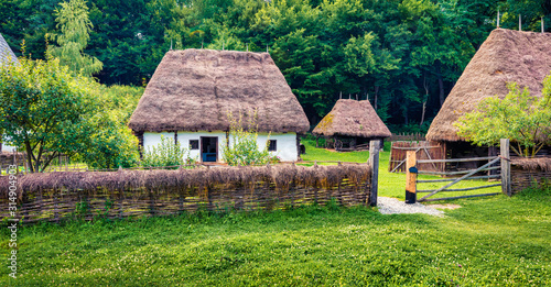 Green summer view of traditional romanian peasant houses. Wonderful rural scene of Transylvania, Romania, Europe. Beauty of countryside concept background. photo