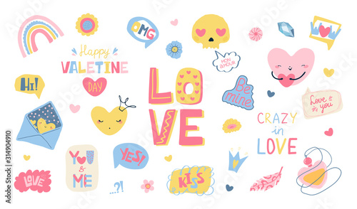 Set of designer elements for Valentine's Day in fllet style. Cute colorful speech bubble for greeting card, banner, brochures. Vector illustration