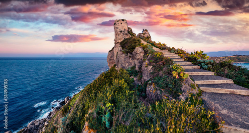 Dramatic spring view of Milazzo cape. Fantastic sunrise on Sicily, Italy, Europe. Amazing seascape of Mediterranean sea. Beauty of nature concept background.