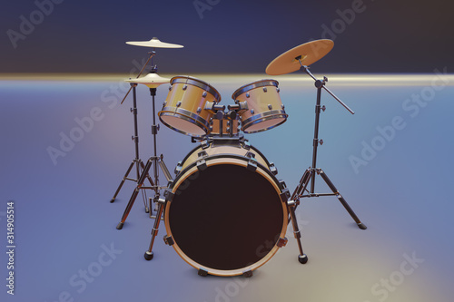 Acoustic drum set on a colored background. 3d render