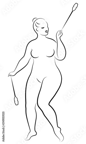 Gymnastics Silhouette of a girl with maces. The woman is overweight, a large body. The girl is full figured. Vector illustration.