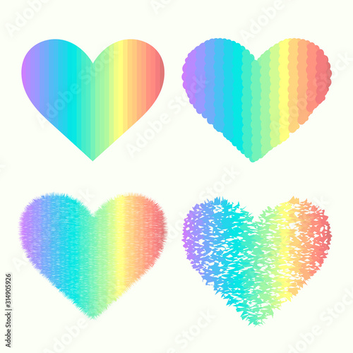 Set of 4 pastel rainbow heart gradient shapes, isolated on an off white background
