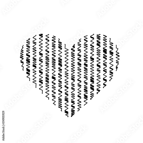 Black heart shape with zig zag scribbled lines, abstract vector symbol