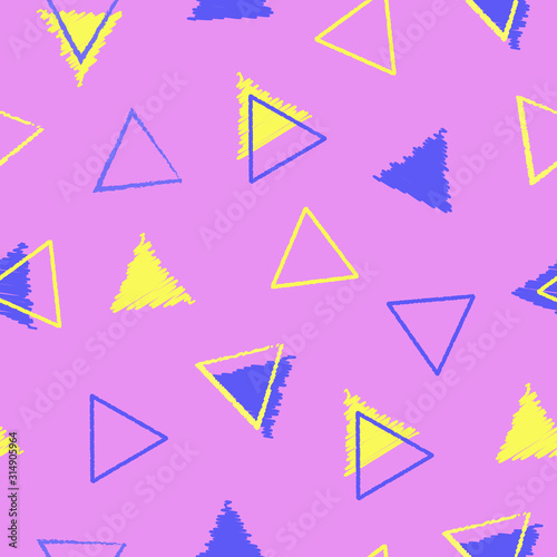 Seamless abstract triangles pattern on a pink background, in a 80s and 90s style