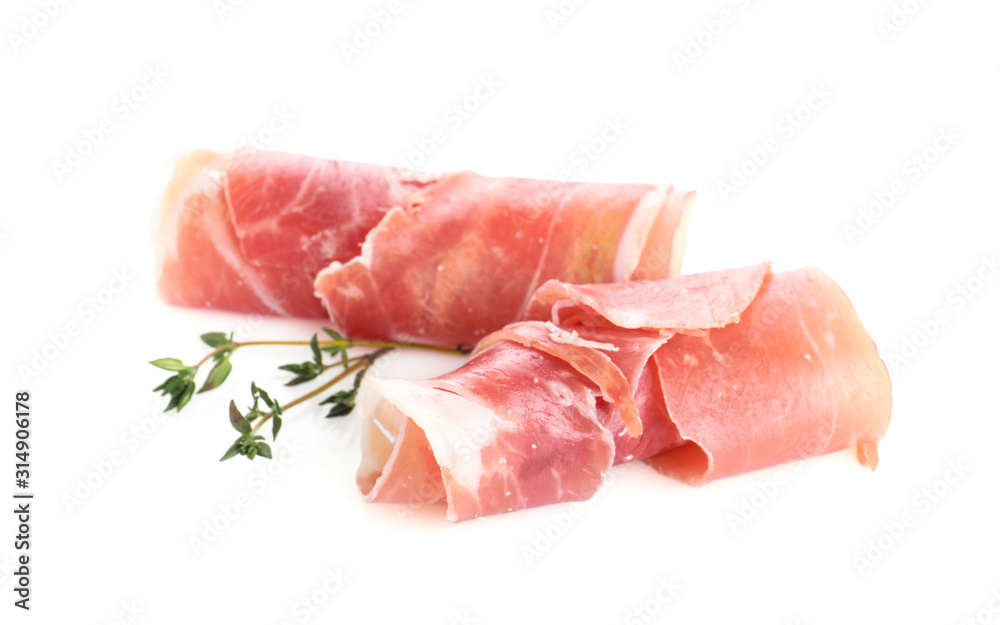 Slices of tasty prosciutto on white background Slices of tasty prosciutto on white background
