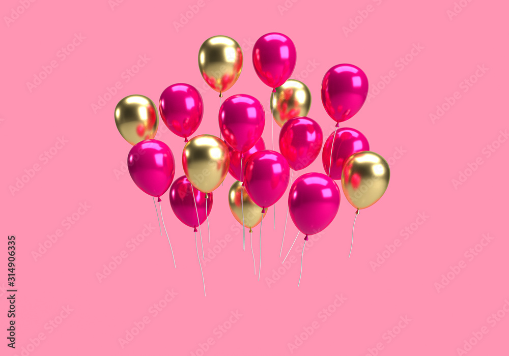 3D Rendering of pink and gold Flying balloons, soft pink background, 3 render minimal for celebrate, birthday, anniversary and love season concept.
