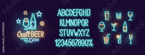 Neon craft beer illustration, cocktail icons and typeset. Glowing set of elements for menu, poster, advertisement. Isolated vector icons and letters.