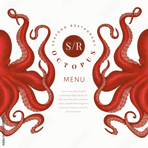 Octopus colored banner template. Hand drawn vector seafood illustration. Engraved style squid. Retro menu design