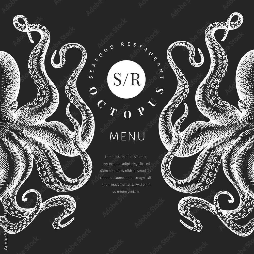 Fototapeta premium Octopus colored banner template. Hand drawn vector seafood illustration on chalk board. Engraved style squid. Retro menu design