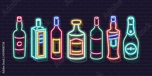 Neon bar shelf bottles icon set. Beverages for classic coctails. Glowing illustration for bar, liquor shop, isolated icons for menu. Whisky, tequila, gin, champagne and more.