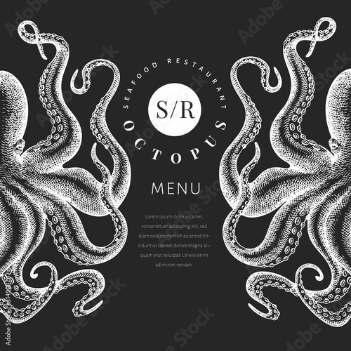 Octopus colored banner template. Hand drawn vector seafood illustration on chalk board. Engraved style squid. Retro menu design