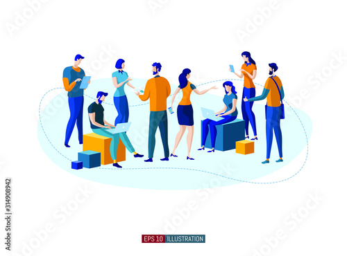 Trendy flat illustration. Office workers planing business mechanism, analyze business strategy and exchange ideas.Template for your design works. Vector graphics.