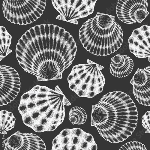 Scallop seamless pattern. Hand drawn vector seafood illustration on chalk board. Engraved style seashell. Retro mollusk background. Pearl shell illustration