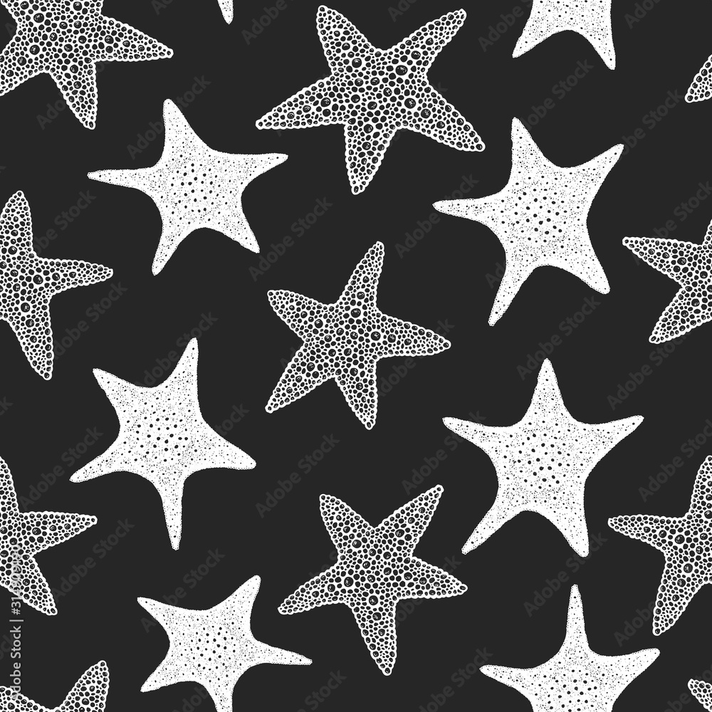 Seastars seamless pattern. Hand drawn vector marine animals illustrations on chalk board. Engraved style sea stars. Retro sea background. Seastars seamless pattern. Hand drawn vector marine animals illustrations on chalk board. Engraved style sea stars. Retro sea background.