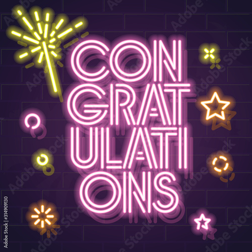 Square congratulations typography with sparkles and confetti. Neon text for celebrating lottery, giveaway, birthday, anniversary. Glowing letters on brick wall background.