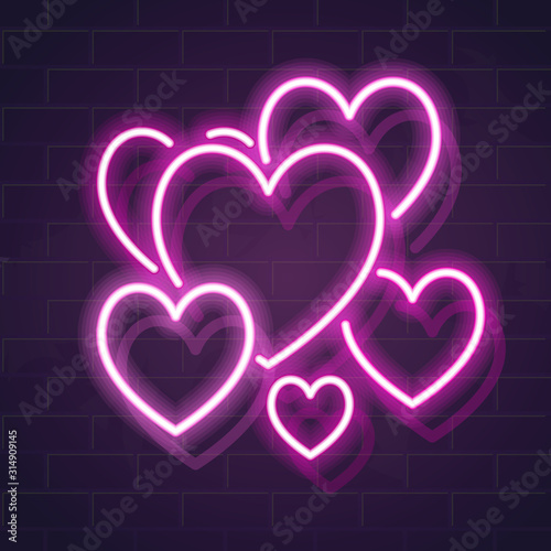 Pink neon romantic hearts. Love symbols on dark brick wall background. Square vector illustration for social network, poster, card. Isolated glowing icons.