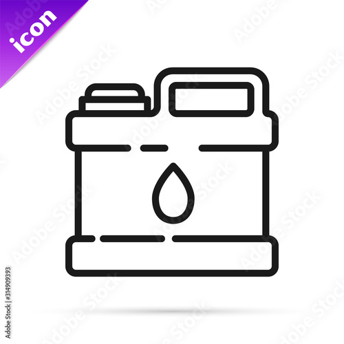 Black line Plastic canister for motor machine oil icon isolated on white background. Oil gallon. Oil change service and repair.  Vector Illustration
