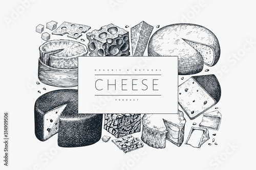 Cheese design template. Hand drawn vector dairy illustration. Engraved style different cheese kinds banner. Vintage food background.