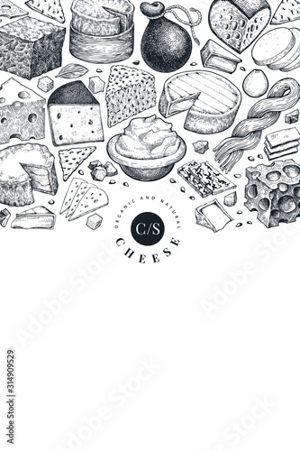Cheese design template. Hand drawn vector dairy illustration. Engraved style different cheese kinds banner. Vintage food background.