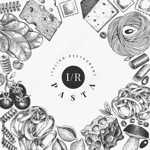 Italian pasta wits additions design template. Hand drawn vector food illustration. Engraved style. Vintage pasta different kinds background.
