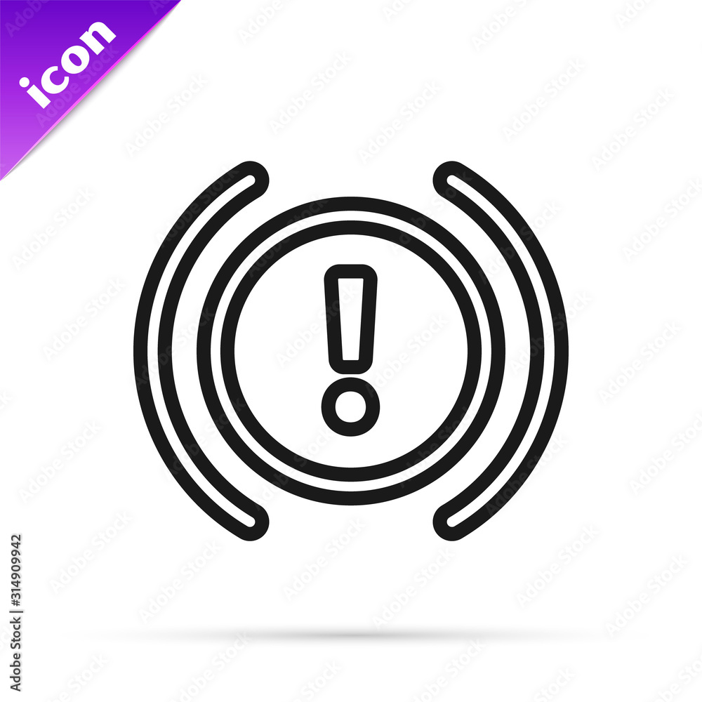 Black line Brake system warning icon isolated on white background. Exclamation mark in the car