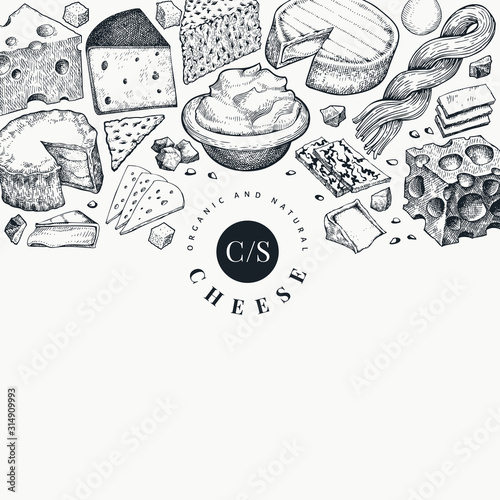 Cheese design template. Hand drawn vector dairy illustration. Engraved style different cheese kinds banner. Vintage food background.