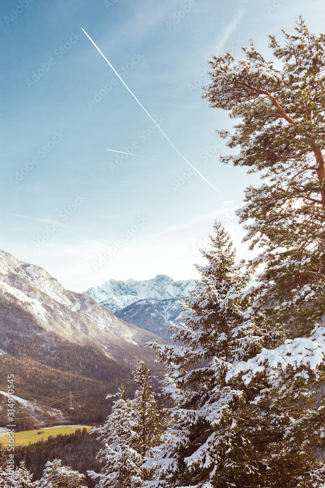 Winter landscape of alpine mountains and trees.