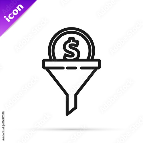 Black line Lead management icon isolated on white background. Funnel with money. Target client business concept.  Vector Illustration