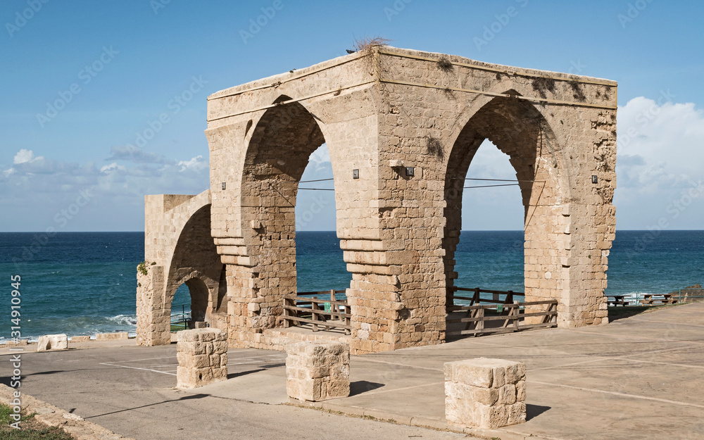 restored arches of a grand arab house in achziv national park on the mediterranen beach in northern israel