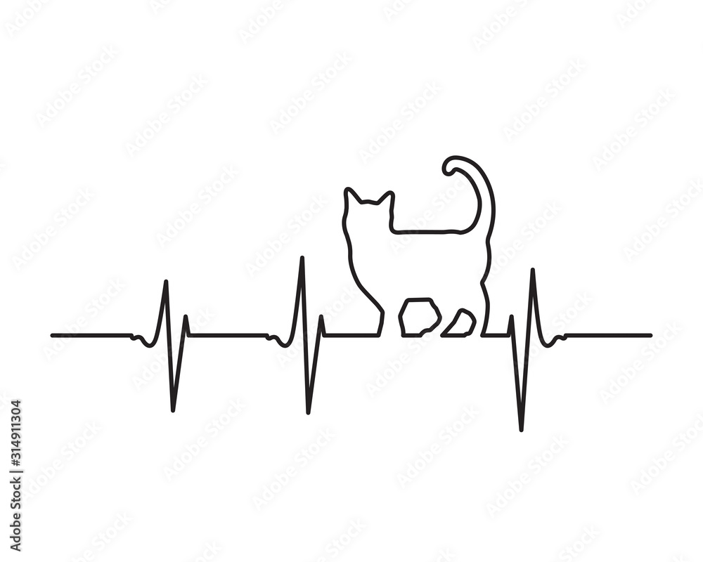 Heart Pulse, Cardiogram line vector, cat silhouette. Synonym Love cats