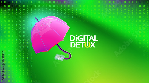 Green abstract background on the subject of digital detox and protecting the flow of information. Pink Umbrella with disconnected Internet plug. Vector illustration.