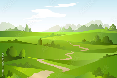 Abstract landscape with green fields  trees  lane. Beautiful rural nature. Vector Illustration.