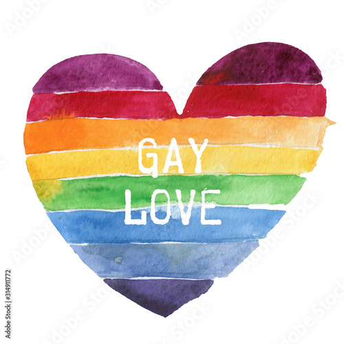 Illustration of heart in LGBT colors. Gay Love is love. Inspirational Gay Pride poster with rainbow spectrum heart shape. Homosexuality emblem. photo