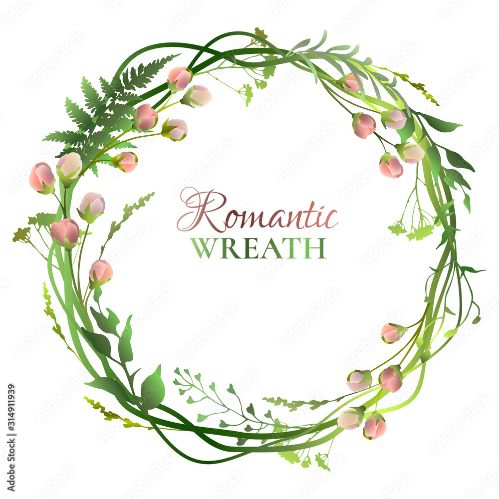 Floral romantic wreath with pastel pink flower buds and green herbs. Vector illustration. Floral romantic wreath with pastel pink flower buds and green herbs. Vector illustration.