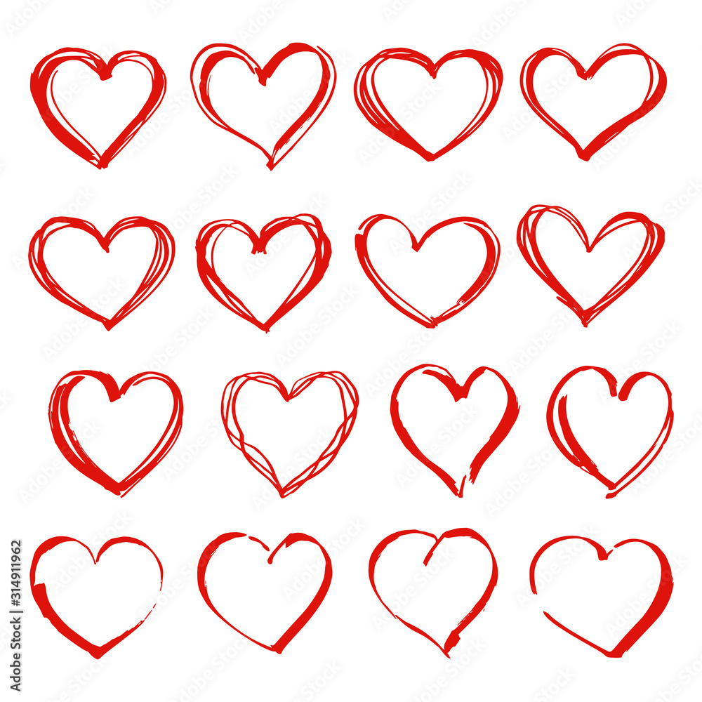 Set of linear red hearts of different shapes. Heart doodles, Hand drawn love hearts. Vector illustration.