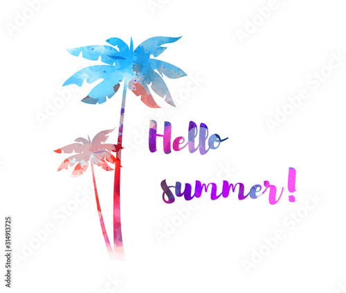 Hello summer text with palm trees