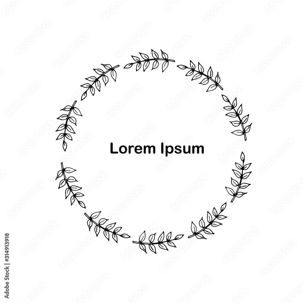 Wreath. Monochrome round floral frame, Lorem Ipsum. Hand drawn art design element stock vector illustration for web, for print