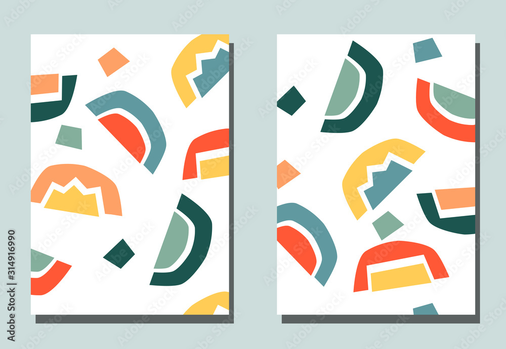 Cover with graphic elements - abstract shapes. Two modern vector flyers in puzzle style. Geometric wallpaper for business brochure, cover design. Cover with graphic elements - abstract shapes. Two modern vector flyers in puzzle style. Geometric wallpaper for business brochure, cover design.