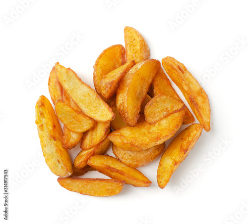 Portion of fresh baked potato wedges, isolated. Top view.