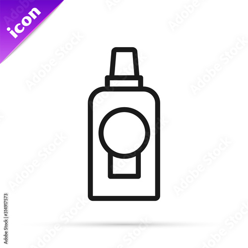 Black line Mouthwash plastic bottle icon isolated on white background. Liquid for rinsing mouth. Oralcare equipment.  Vector Illustration