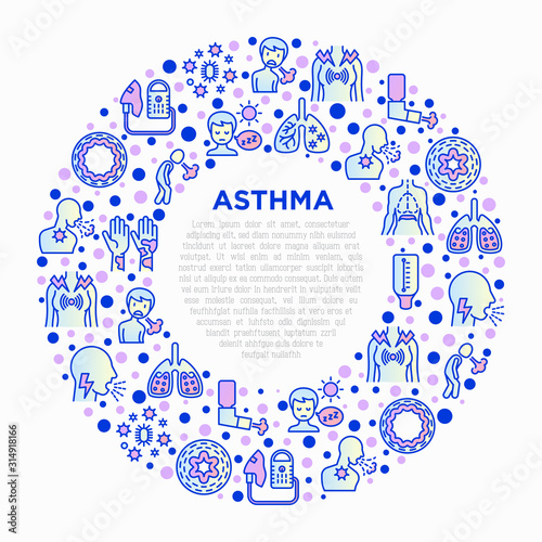 Asthma concept in circle with thin line icons: allergen, dyspnea, cough, wheezing, chest pain, diaphragm, asthma attack, hives, sputum, peak flow meter, inhaler, nebulizer. Modern vector illustration.