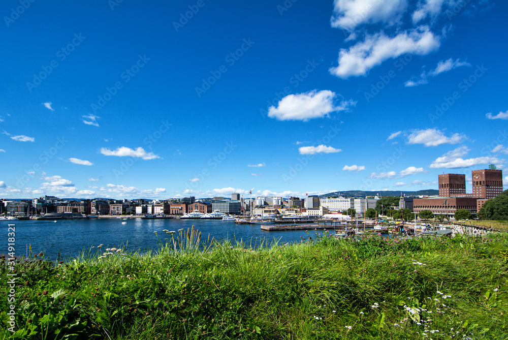 Bay Pipervika, harbor, town hall and district Aker Brygge in Oslo