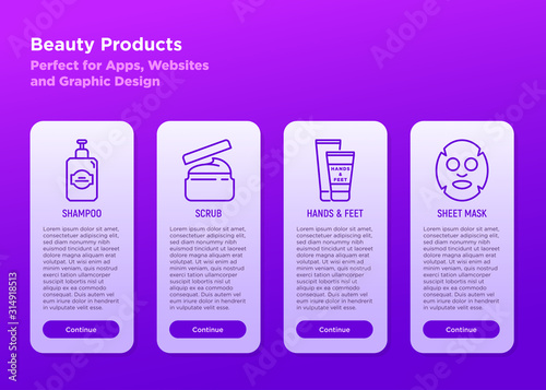 Beauty shop mobile user interface with copy space and thin line icons: shampoo, scrub, body care, sheet mask. Modern vector illustration for mobile app.