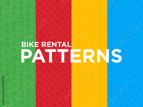 Bike rental seamless pattern with thin line icons: rates, bicycle tours, pet trailer, padlock, helmet, child seat, sharing, pointer, deposit, mobile app, cycling route. Modern vector illustration.