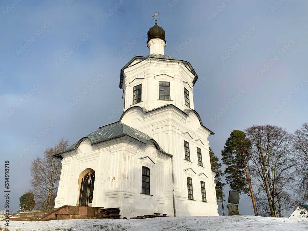 Monastery of Nilo-Stolobenskaya (Nilov) deserts in the Tver region. Church of the exaltation of the cross in winter