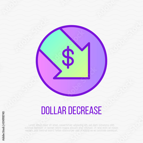 Dollar decreasing thin line icon: arrow symbol falling down. Rate cut, finance crisis, price reduction. Vector illustration.